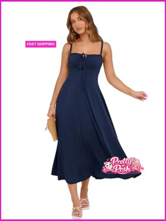 Corset Midi Dress with Adjustable Spaghetti Straps and Lace-Up Front - Picture 3 of 6